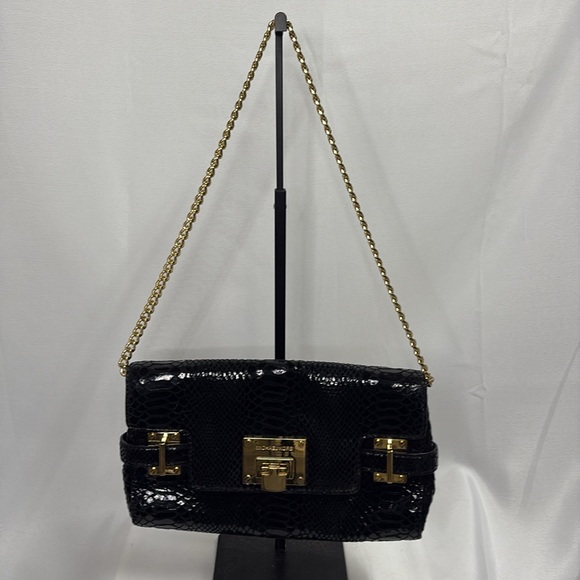 Michael Kors Astrid Snakeskin Embossed Leather Clutch W/ Chain Strap Black Gold